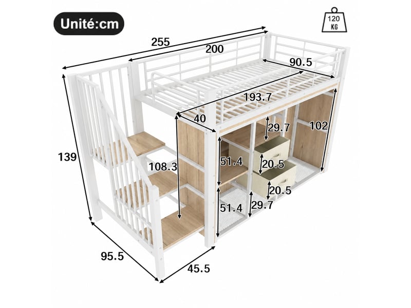  Lit mezzanine enfant 90 x 200 cm avec rangement, 2 tiroirs, penderie ouverte et éclairage led multicolore  - Conforama C
