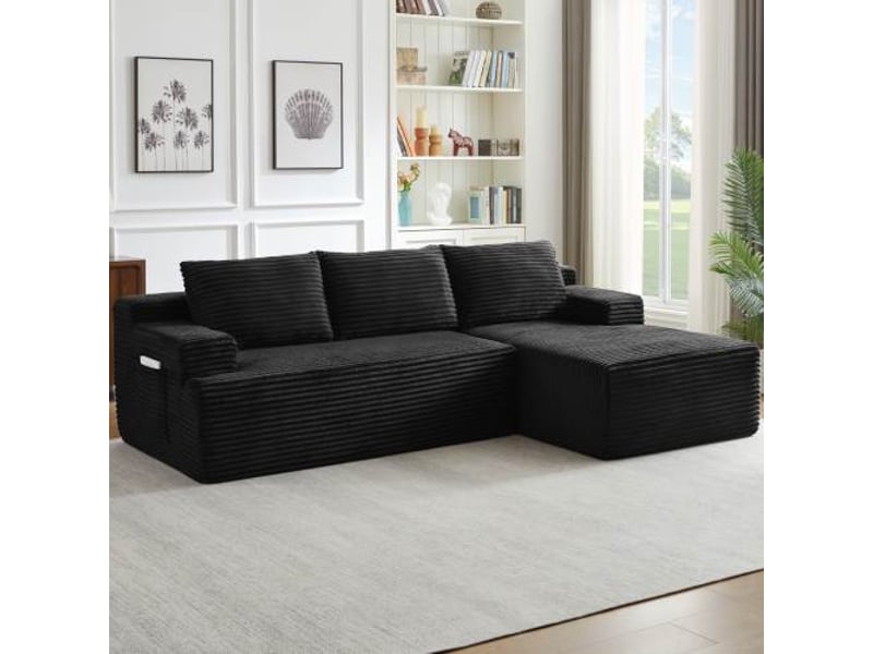  Canapé d’angle l (à droite) modulable 4 places 238 x 152 x 66 cm, assise profonde, convertible et sans montage, velours côtelé, noir OMNIGLINT TRADING LTD - Conforama C