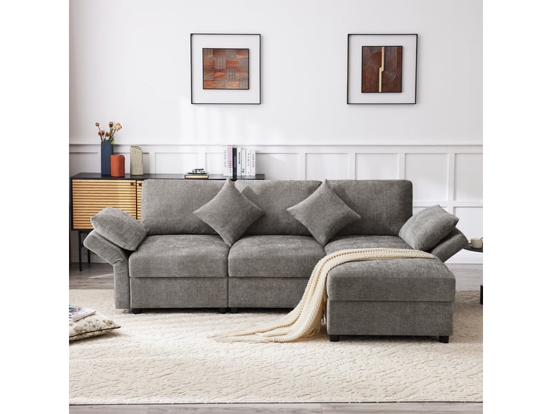 Canapé d'angle, canapé convertible, 3 places, en tissu chenille, gris, adapté à l'espace de vie, avec pouf - Conforama W