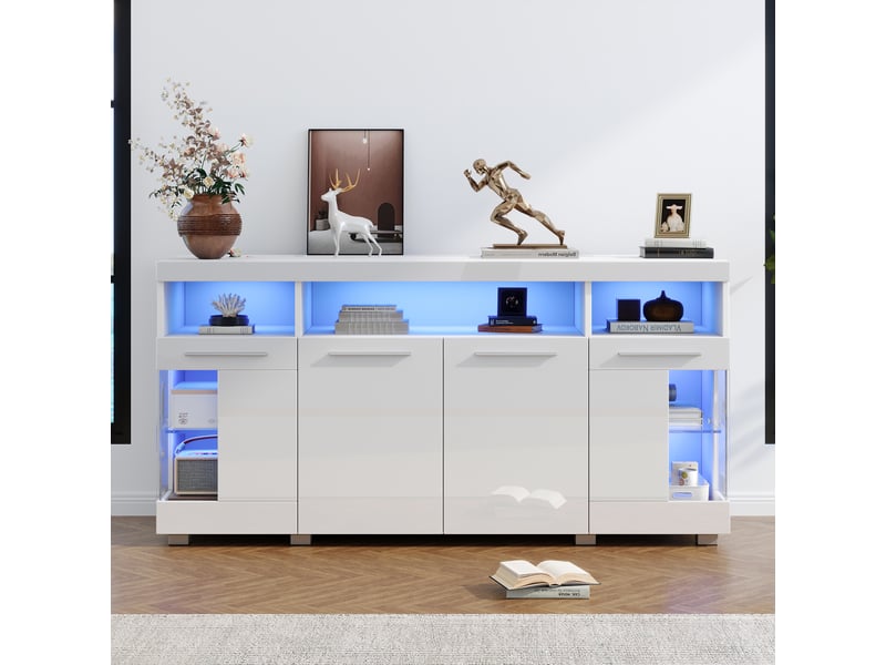  Buffet moderne blanc 140 x 40 x 70 cm avec led, meuble latéral brillant à 3 compartiments en verre trempé  - Conforama B