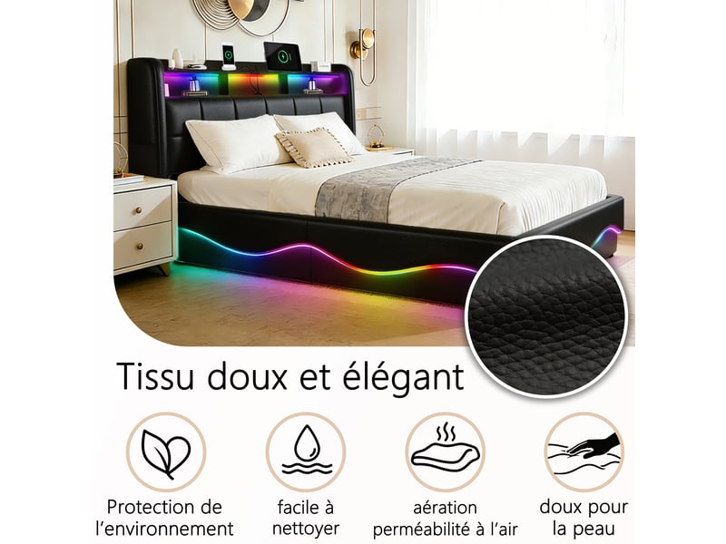  Lit coffre 160x200 cm noir avec rangement, led, ports usb+type-c sans matelas EBD854Q-BK - Conforama E