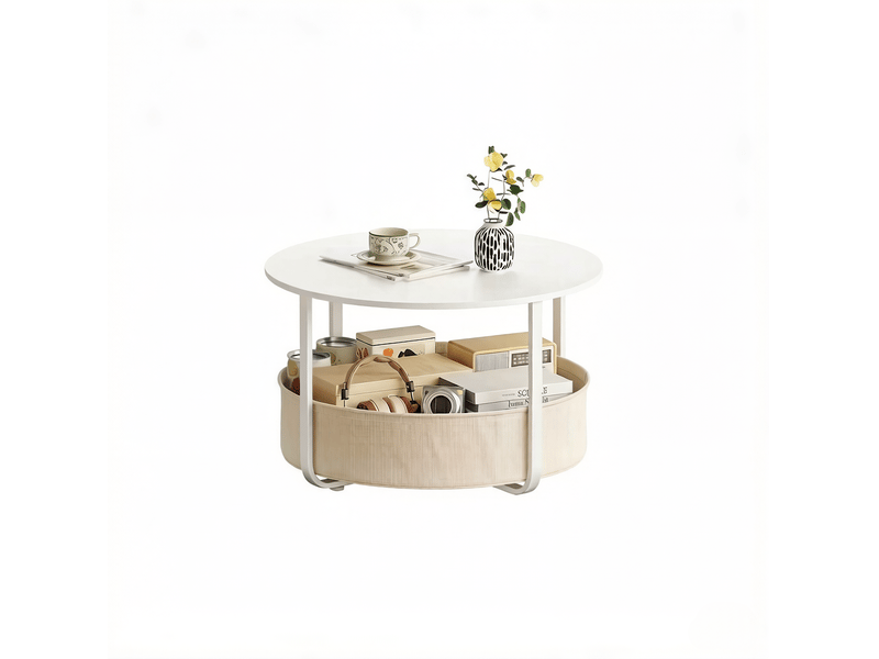  Table basse ronde avec panier de rangement, plateau facile à nettoyer, pour salon, ø 80 × 50 cm, en métal et toile, beige  - Conforama A