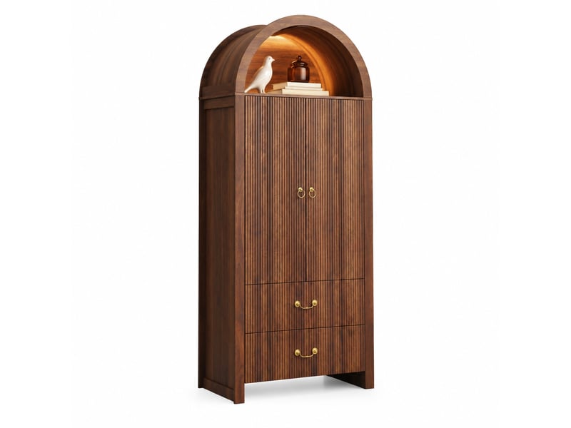  Armoire haute noyer avec niche arche led réglable par application, 2 portes et 2 tiroirs  - Conforama D