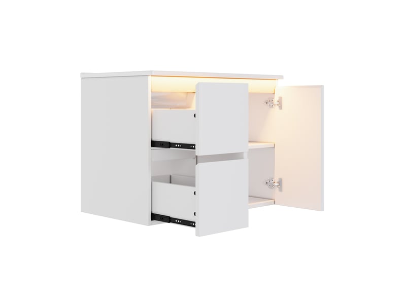 Meuble vasque mural blanc avec lavabo intégré, éclairage led à capteur et charnières amorties 76 cm - Conforama E
