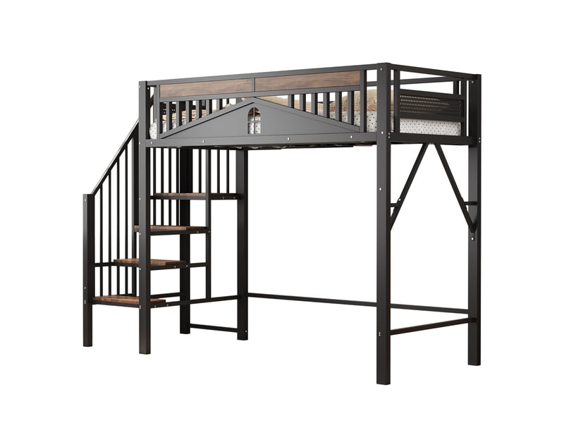  Lit mezzanine 90 x 200 cm, échelle latérale, panneaux avec fenêtres, espace libre sous le lit, sommier à lattes, pour la chambre, métal et bois, noir ABC - Conforama A