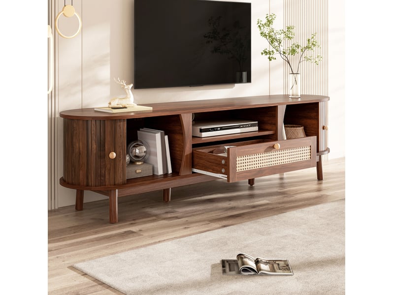  Meuble tv modenvie avec portes coulissantes et tiroir en rotin 165 x 37 x 46 cm mdf noyer  - Conforama D