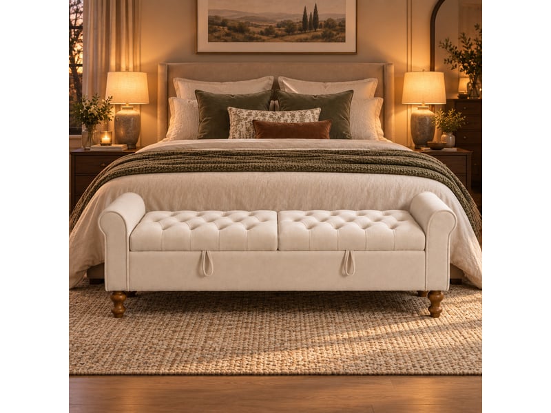  Banquette convertible en velours beige 156 x 46 x 51 cm, 2 couvercles rangement,avec accoudoirs roulés  - Conforama B