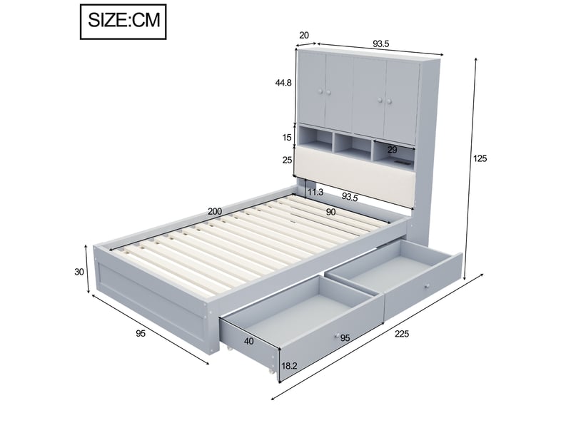  Lit 90x200 cm rangement 2 tiroirs, led prise, tête rembourrée, sommier à lattes, bois gris sans matelas  - Conforama C