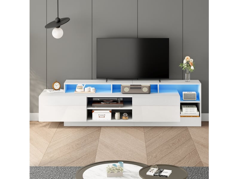  Meuble tv moderne 190x40x48,5 cm, pour écrans jusqu'à 70 pouces, éclairage led, rangements, panneau particules, blanc  - Conforama B