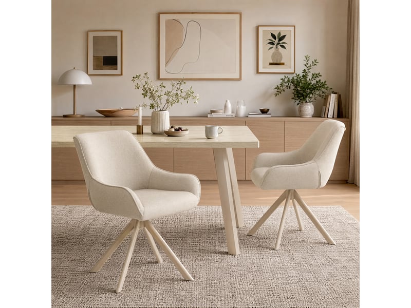 Ensemble table et 6 chaises - table rectangulaire 160x80 cm monobloc en travertin et pieds métal, 6 chaises en tissu beige et pieds en métal blanc - Conforama W
