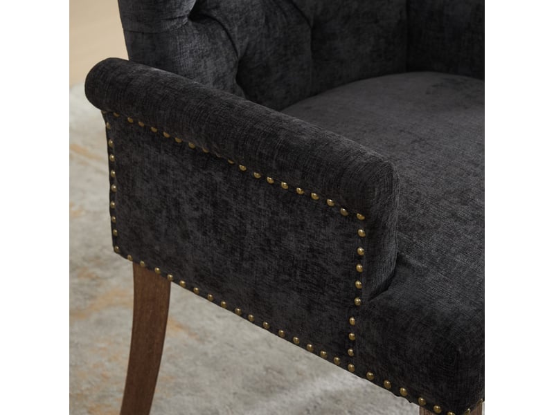  Chaise de salle à manger en chenille gris anthracite avec accoudoirs, dossier haut capitonné, pieds courbés en bois massif, style classique  - Conforama D