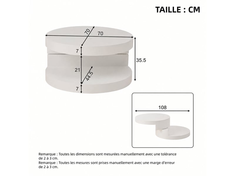  Table basse ronde led, plateau pivotant à 360°, rangement 2 niveaux, ø70 cm, blanc  - Conforama E