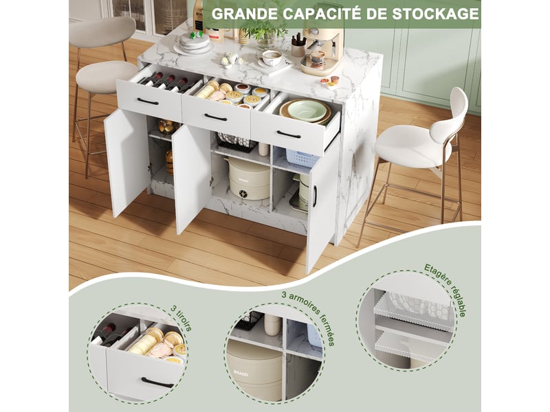 Îlot de cuisine 120x60x90,5 cm avec bar intégré, 3 tiroirs silencieux et 3 portes, plan mdf motif marbre, blanc - Conforama R