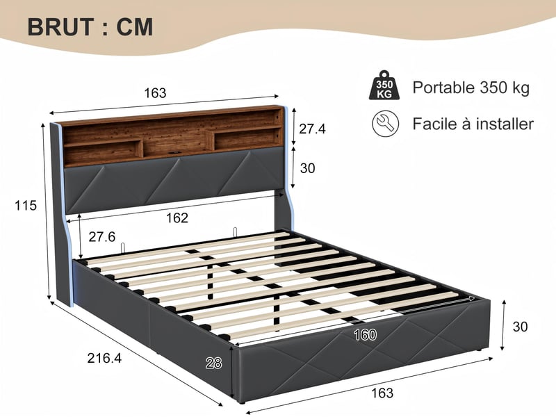 Lit coffre 160x200 cm - tissu lin gris avec led rgb, prises, étagère et rangement - Conforama C