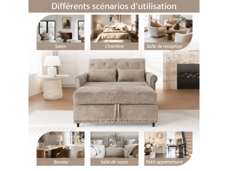  Canapé convertible 2 places 3-en-1, canapé-lit avec dossier réglable 110°145°180°, tissu chenille, lit d'appoint 170x98 cm, gris brun OMNIGLINT TRADING LTD - Conforama E