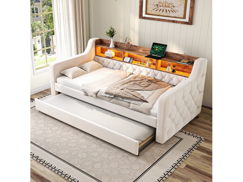  Lit gigogne beige 90x190 cm, lit extensible avec rangement et éclairage led, tissu velours  - Conforama B