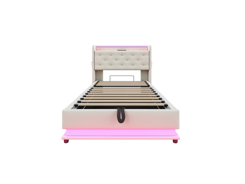 Lit enfant 90x200 cm en tissu beige, led multicolore, usb, tête de lit rabattable et coffre hydraulique - Conforama A