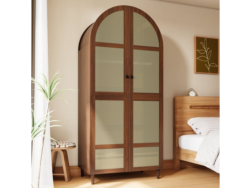  Armoire 2 portes battantes effet cannage, 1 tiroir et penderie, design arqué, 80 × 50 × 179 cm, noyer et bois naturel  - Conforama D