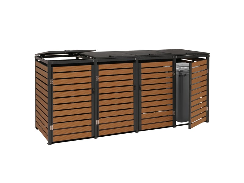 Cache poubelles 4 bacs avec couvercle abri extérieur verrouillable 80 à 240l 119x264x84 cmen wpc effet bois teck structure acier galvanisé 04_0010056 - Conforama B