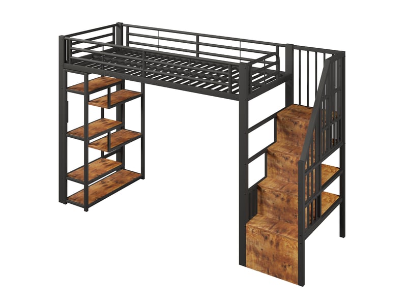 Lit mezzanine enfant 1 place 90 × 200 cm avec led, étagères et escalier, sans matelas, en métal et mdf noir - Conforama E