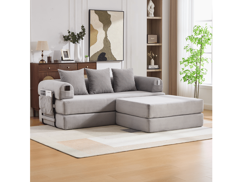 Canapé modulaire 3 places en velours côtelé gris clair avec pouf et 3 coussins - Conforama B