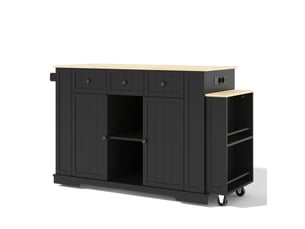 Îlot de cuisine mobile noir et bois naturel en mdf, table extensible, prise intégrée, roulettes, 138 (213) × 55 × 93 cm