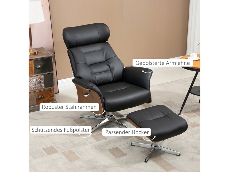  Fauteuil relax avec repose-pieds noir, dossier inclinable, assise pivotante à 360 degrés et appuie-tête réglable pour salon  - Conforama E