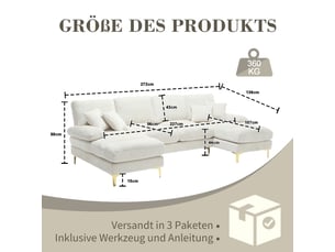 Canapé d'angle, canapé chenille – en chenille, pour salon, pour appartement, forme u