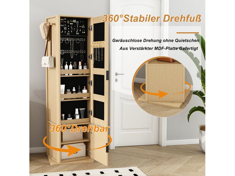  Psyché pivotante 360 degrés 50 x 50 x 170 cm bois clair mdf et verre, rangements bijoux et étagères  - Conforama D
