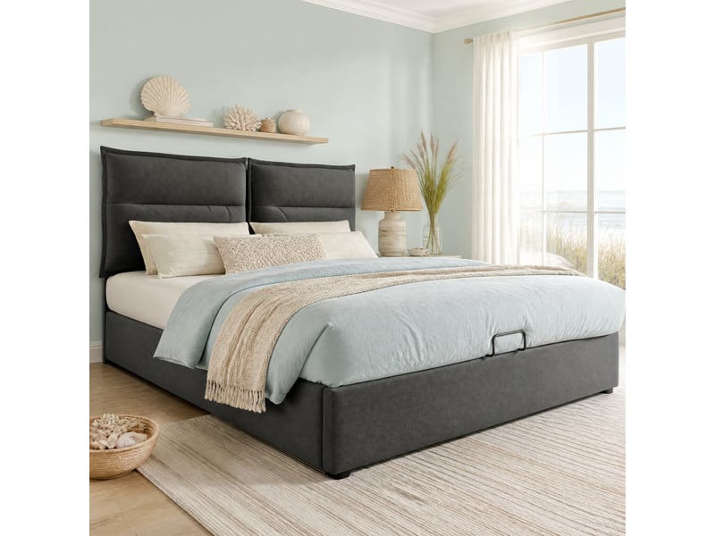  Lit coffre tcqpz 140 x 200 cm tête de lit réglable velours gris rangement hydraulique  - Conforama B