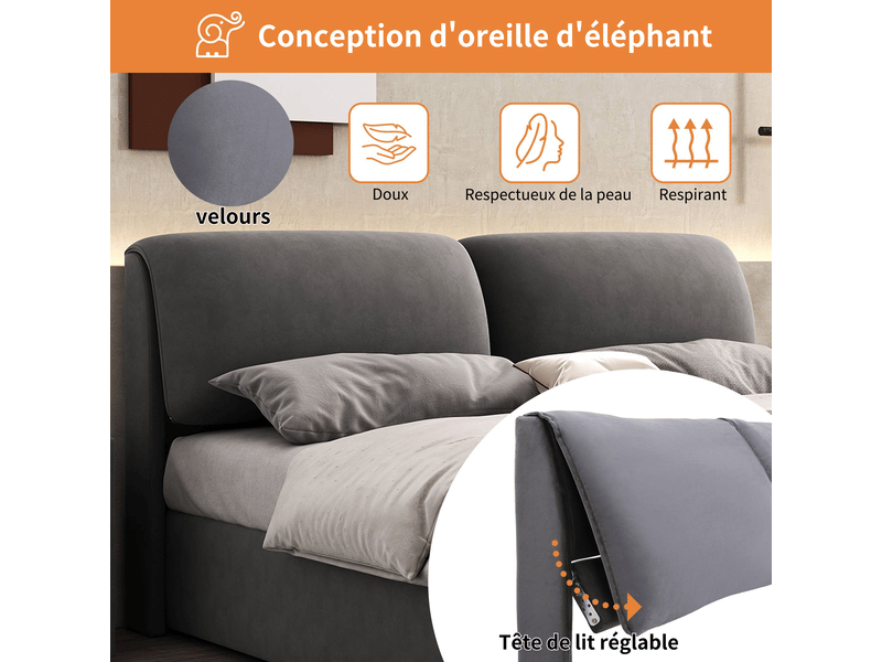  Lit coffre 140x190 cm, lit double, sommier à lattes, rangement hydraulique, velours gris, 3 tiroirs  - Conforama R