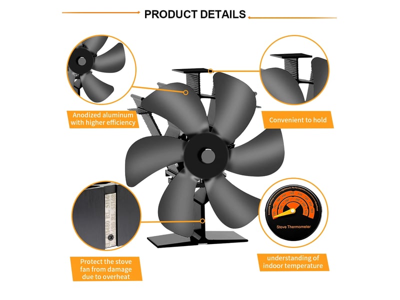  Ventilateur thermique à bois à 6 pales, fonctionnement par chaleur, pas de piles ni électricité, chauffage maison, noir  - Conforama C