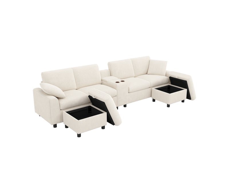  Canapé d'angle panoramique 4 places 315 x 135 x 81 cm en velours côtelé avec 2 poufs coffres, usb-c et prises - beige Fay Lum - Conforama A