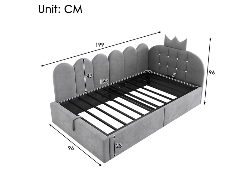  Lit simple 90x190 cm avec rangement hydraulique réversible en velours gris  - Conforama E