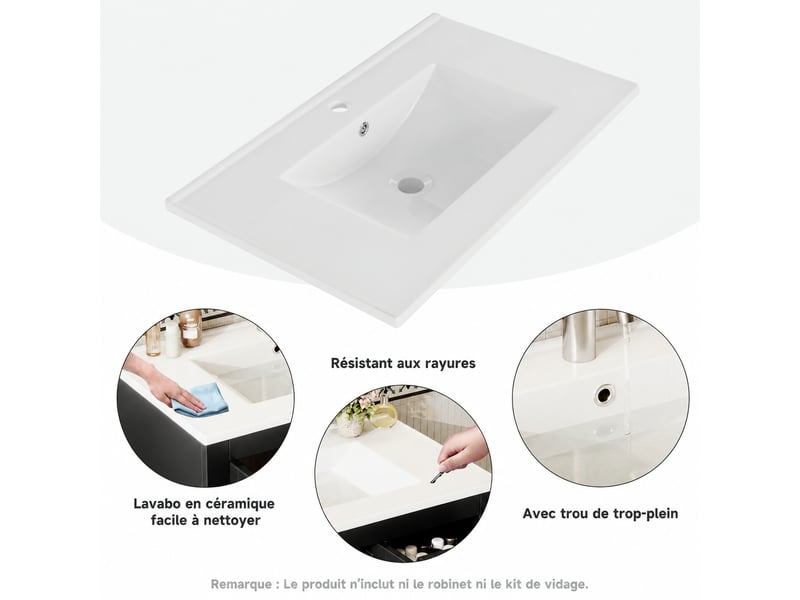  Meuble vasque noir 76 cm avec vasque en céramique, 3 tiroirs et rangement au sol  - Conforama D