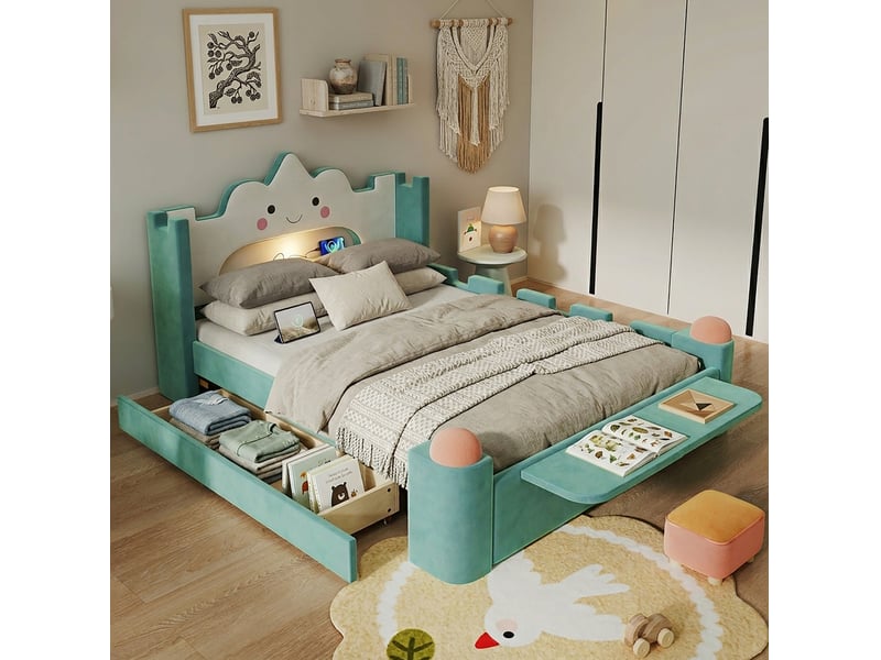  Lit enfant rembourré modenvie 140 x 200 cm avec tête de lit nuage, lampe led, port usb, tiroir de rangement réversible, tablette rabattable, tabouret, velours bleu vert  - Conforama E