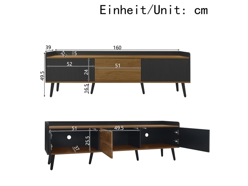  Meuble télévision 160 x 39 x 49,5 cm 3 portes rangement sécurisé pieds strié mdf et particules noir et naturel  - Conforama C