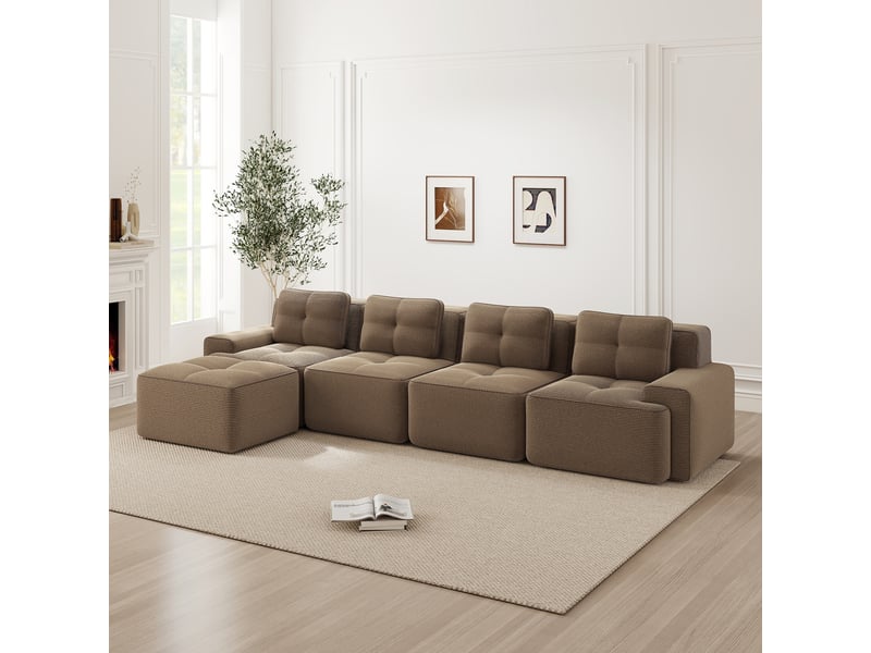 Canapé d'angle convertible 4 places en velours côtelé marron, 382 x 177 x 69 cm, sans armature, sans montage, livré compressé, assise profonde CARDUME ESTIVAL - Conforama B