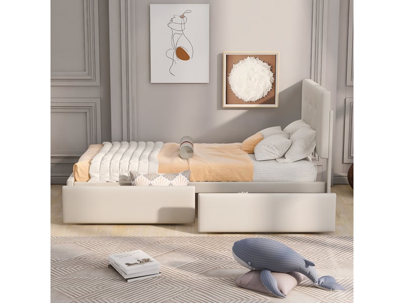  Lit simple 90 x 200 cm avec tête de lit et deux tiroirs ,hauteur de la tête de lit réglable ,beige  - Conforama D