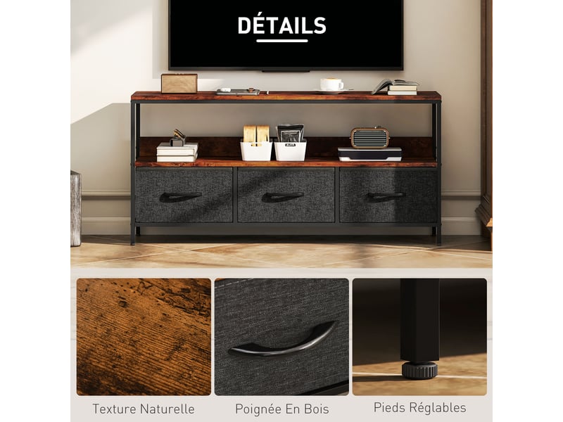  Meuble tv, meuble télé pour téléviseur jusqu'à 55 pouces avec 3 tiroirs et pieds en acier brun rustique 120 x 29 x 56 cm  - Conforama R