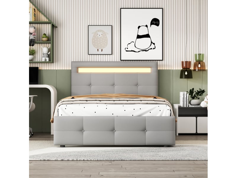  Modenvie lit 1 place capitonné 90x200 cm - avec led et 2 tiroirs, tête de lit réglable - gris  - Conforama D