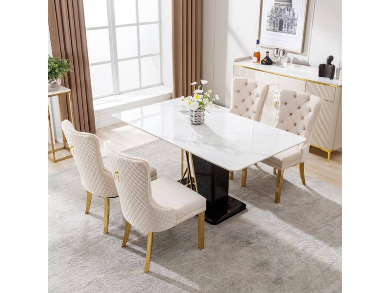  Lot de 4 chaises 65,5x51x95 cm, chaises salle à manger, dossier heurtoir rond, velours beige, pieds en acier doré  - Conforama E
