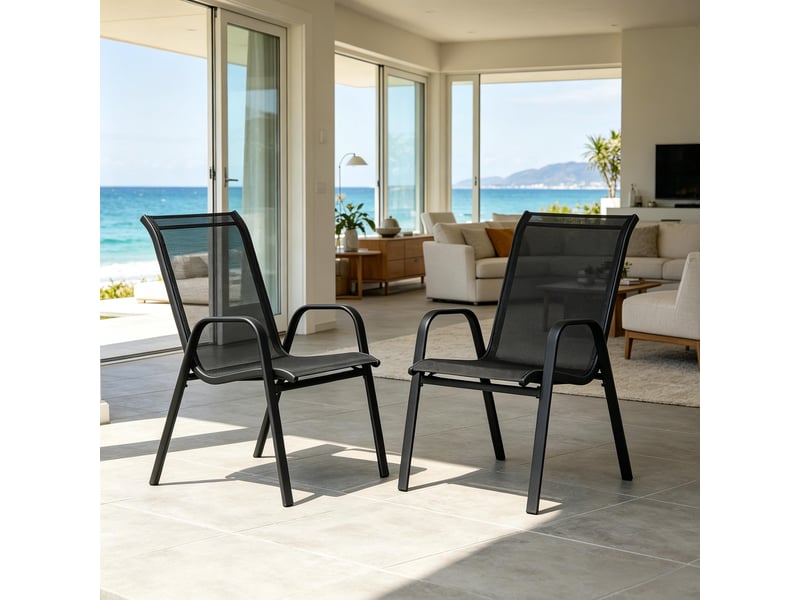  Lot de 2 chaises de jardin empilables,55x65x92 cm,métal et polyester,gris foncé  - Conforama B