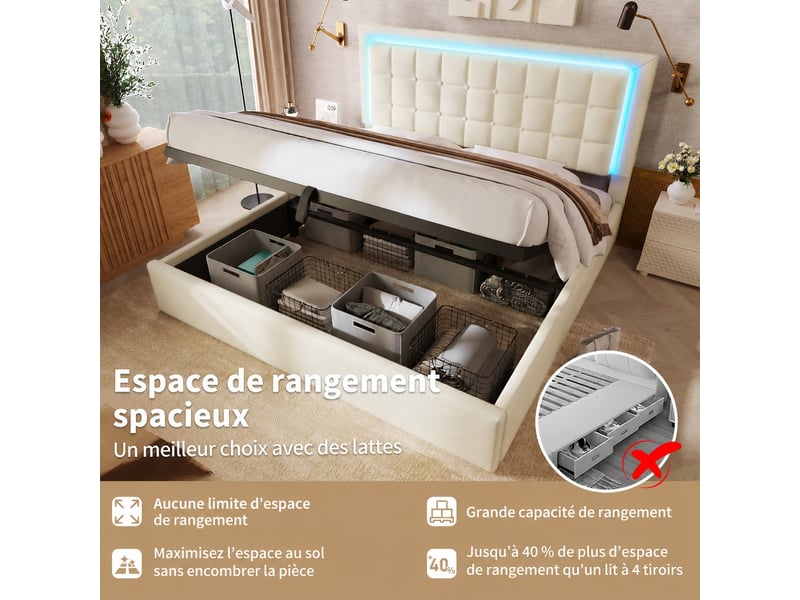  Lit coffre 160x200 avec rangement, éclairage led, simili cuir blanc  - Conforama E