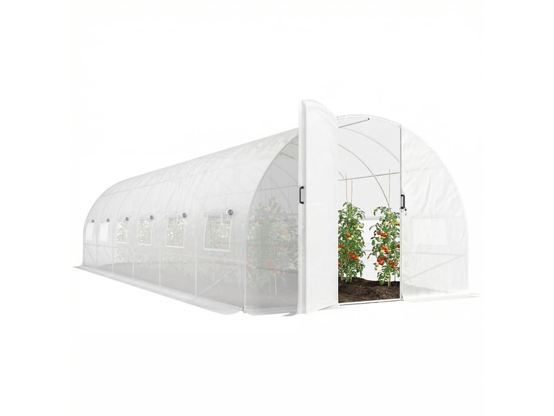  Serre tunnel de jardin 24m², serre de jardin tunnel avec portes et 12 fenêtres avec moustiquaires, 295x798x199cm, blanc  - Conforama A
