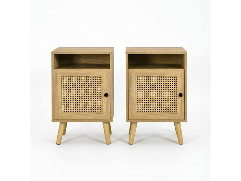  Tables de chevet tcqpz lot de 2 39 x 35 x 60 cm avec niche et porte en rotin naturel  - Conforama A