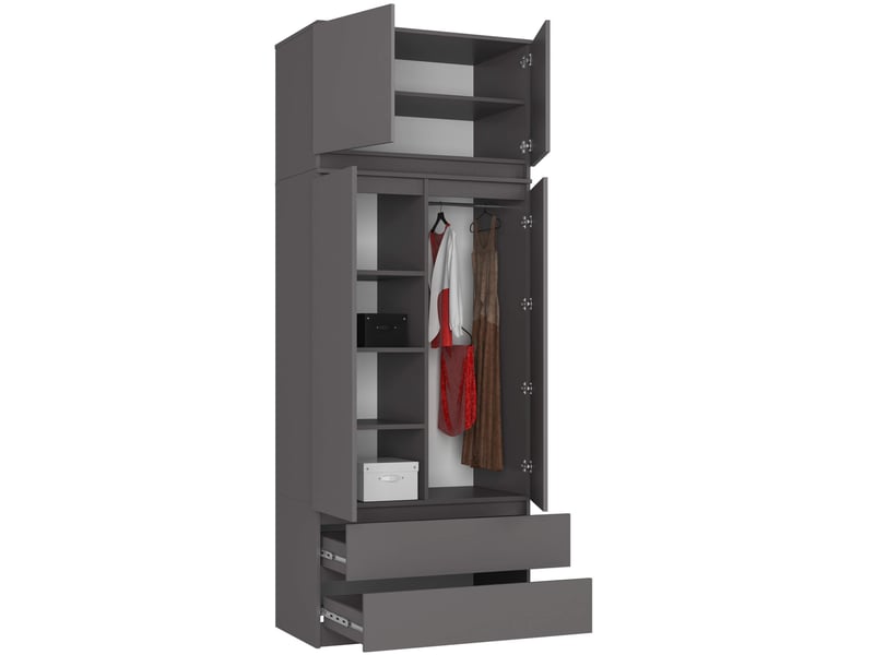  Armoire avec surmeuble akord s90 gris graphite 90 cm 2 portes 2 tiroirs façade gris graphite 6 étagères 90x51x234 cm  - Conforama B