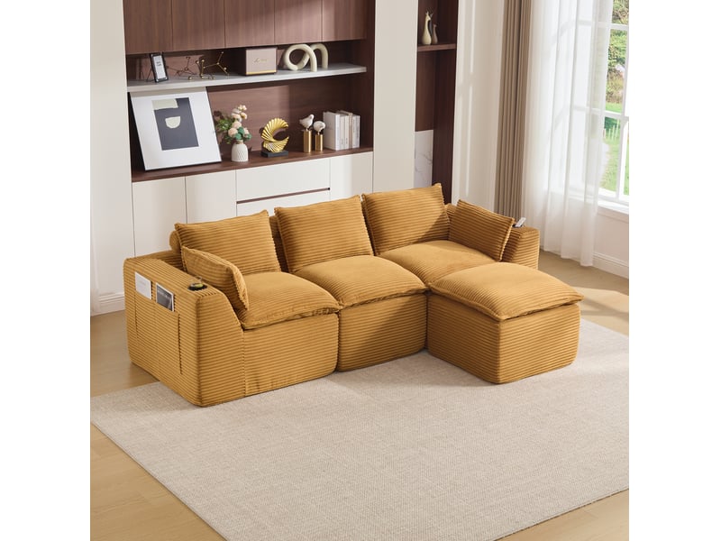 Canapé modulable 3 places en velours côtelé orange avec pouf, coussins, porte-boissons et poches latérales - Conforama B