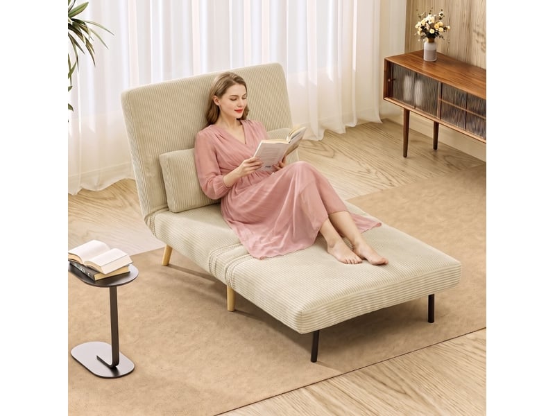  Fauteuil-lit 3-en-1 convertible en velours côtelé beige, dossier 6 positions et couchage 90 x 190 cm  - Conforama D