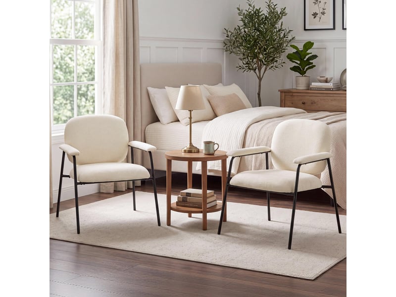 Lot de 2 fauteuils salon, fauteuils d'appoint en chenille avec dossier profilé, accoudoirs rembourrés, crème - Conforama A